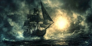 暴风雨中航行的古老帆船