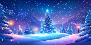 梦幻冬夜圣诞树雪景图