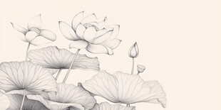 水墨荷花线稿 淡雅中式风