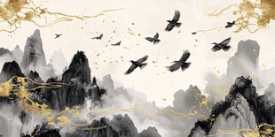 水墨山川飞鸟图