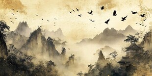 水墨山水飞鸟意境图