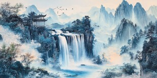 水墨山水间的诗意瀑布图景
