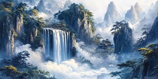 梦幻山水间瀑布云雾缭绕