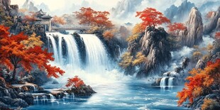 秋日山水间的壮丽瀑布景观