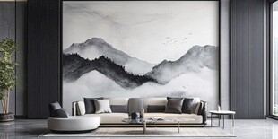新中式客厅 水墨山水壁画
