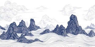 水墨山川云海写意画