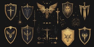 奇幻金色盾牌与武器图标集