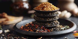 堆叠的多样香料与茶叶