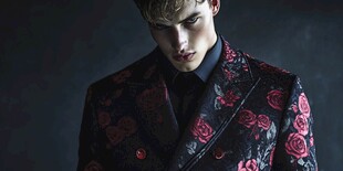 男士身着玫瑰花纹西装造型