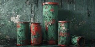 复古斑驳的绿红相间旧铁罐