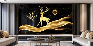 奢华客厅中梦幻金鹿壁画