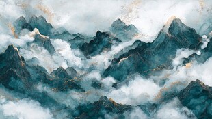 水墨云海中的青绿山峦