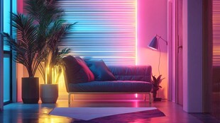 梦幻霓虹客厅沙发绿植场景