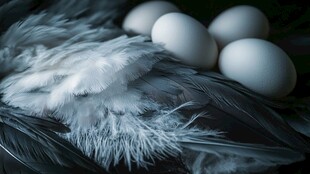 羽毛相伴的纯净白鸡蛋