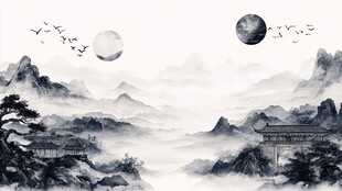 水墨山水间 双月飞鸟景