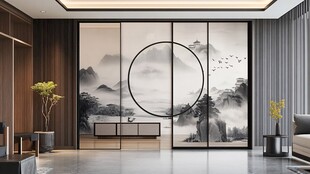 中式山水风客厅移门设计