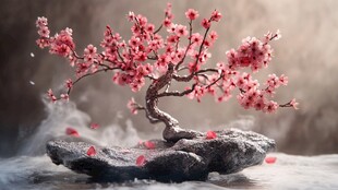 雪中绽放的精致梅花盆景