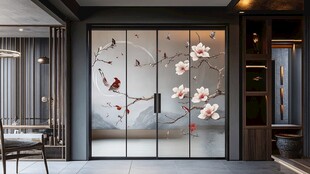 中式花鸟玻璃移门室内景