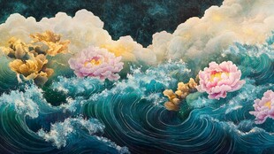 海浪中绽放的绚烂牡丹