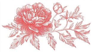 手绘粉色牡丹花枝叶图