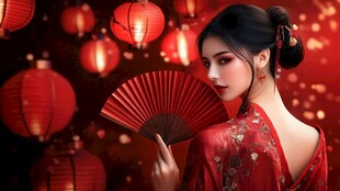古风佳人持扇映红灯