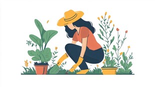 女子专注打理庭院花草