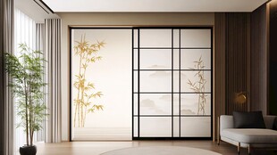 日式风格竹纹移门室内景