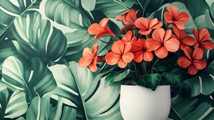 花瓶中的橙花与绿叶背景