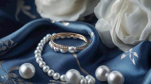 优雅珍珠金戒于蓝绸之上