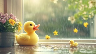 窗边黄鸭伴雨景小花
