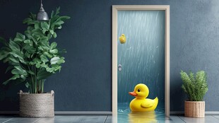 小黄鸭雨中站在门前场景