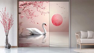 粉色天鹅梦幻中式背景墙