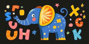 卡通大象与多彩字母图案