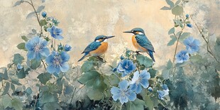 蓝花上的双翠鸟