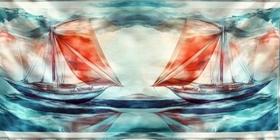 双帆竞发于波光粼粼海面