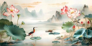 水墨荷塘飞鸟山水画卷