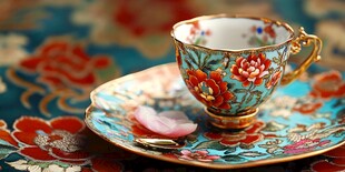 精美中式花纹瓷杯与托盘