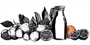 手绘水果与瓶装饮品插画