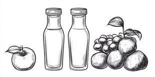 手绘果蔬与饮品瓶插画