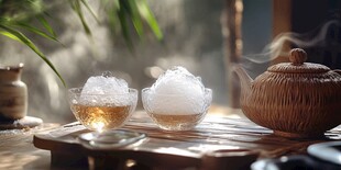 冰茶静置于古朴茶桌之上