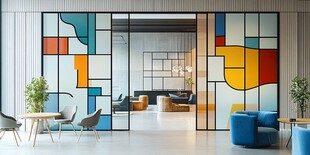 彩色几何图案的现代办公空间
