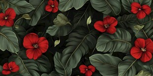 红花朵与绿阔叶植物图案