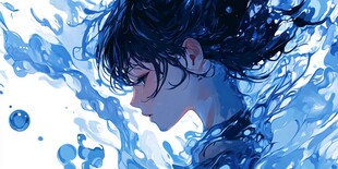 蓝发少女于水花中沉醉