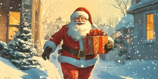 圣诞老人雪中快乐送礼物