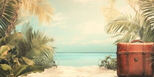 热带海滩边的复古旅行箱