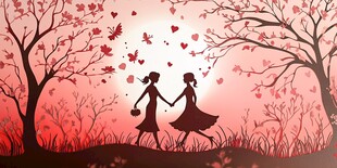 浪漫情侣漫步于爱心花海