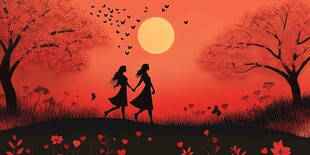 夕阳下的浪漫闺蜜漫步