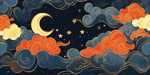 梦幻月夜祥云星空插画