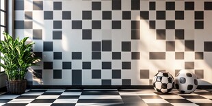 黑白格房间里的绿植与足球
