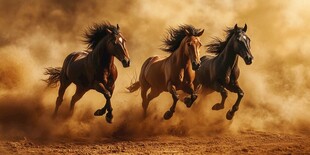 三骏奔腾扬起沙尘